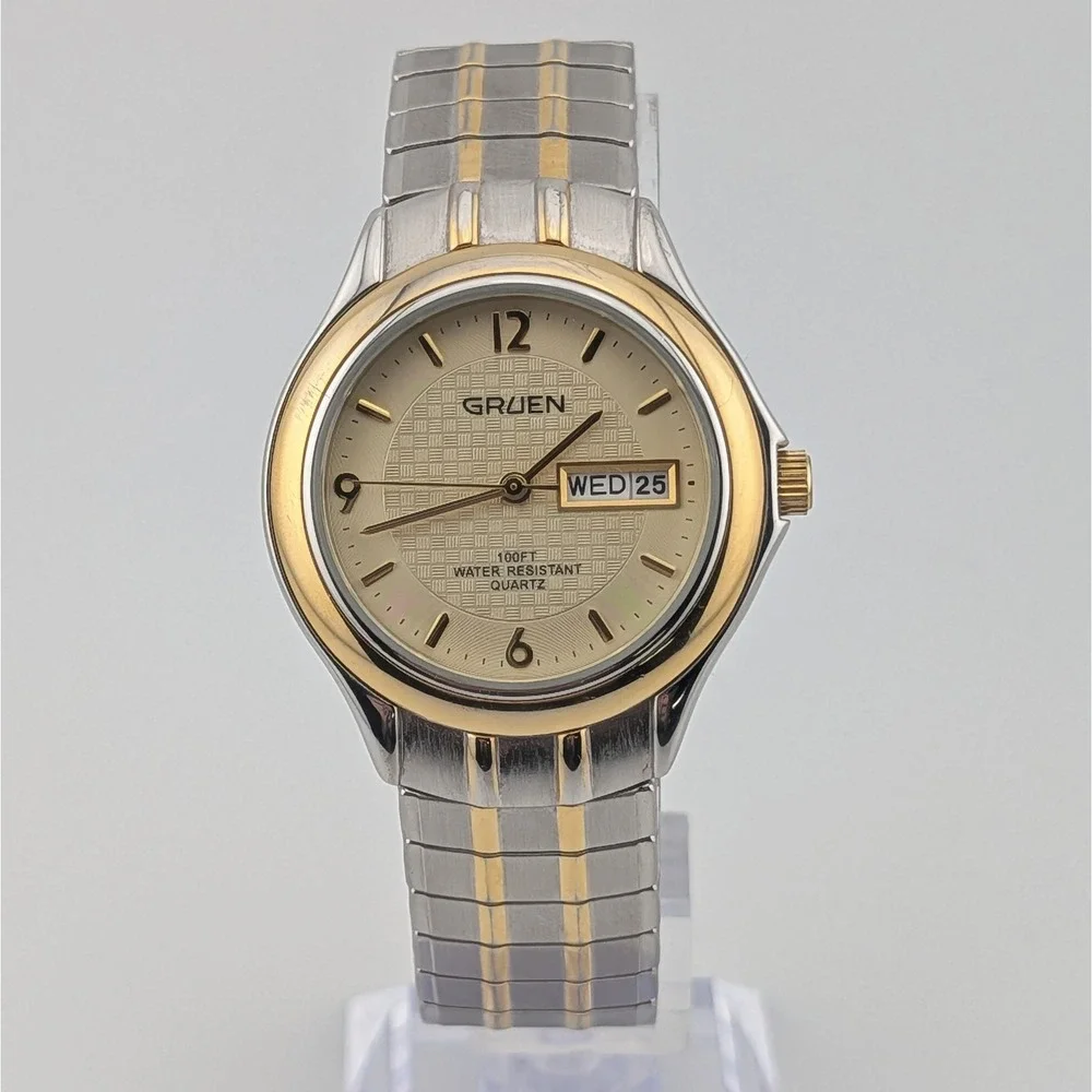 Gruen GU1177‎ Mens Quartz Day Date Watch Two Tone Gold Silver Textured Dial